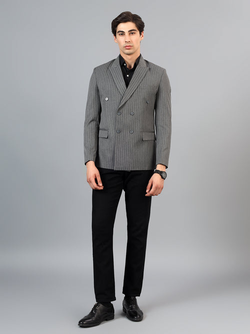 Men's Grey Slim Fit Solid Double Breasted Striped Formal Blazer