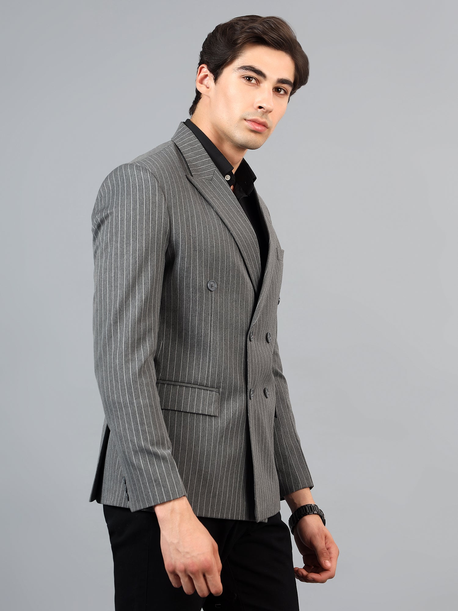 Men's Grey Slim Fit Solid Double Breasted Striped Formal Blazer