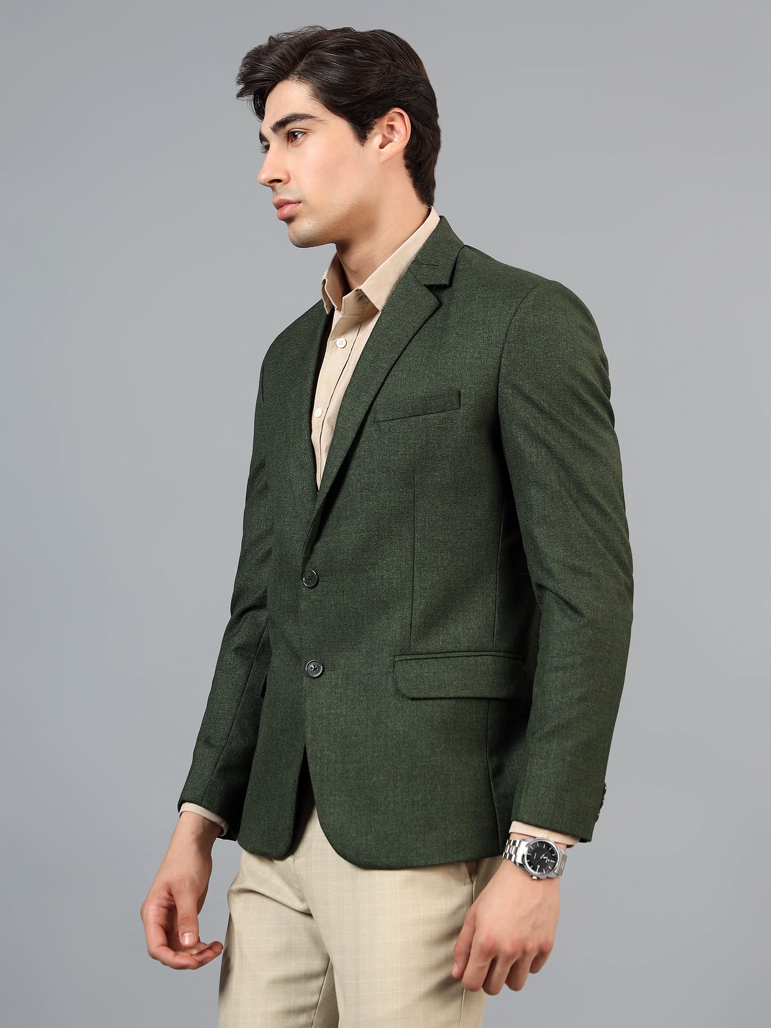 Men's Mehendi Green Grey Slim Fit Solid Single Breasted Formal Blazer