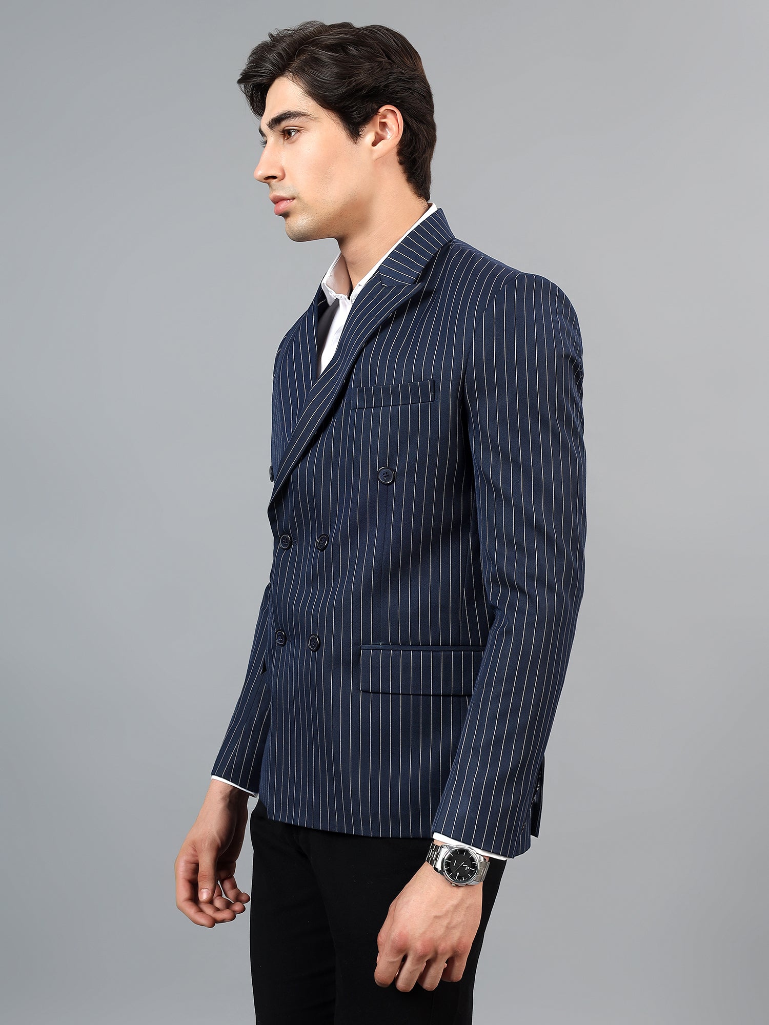 Men's Navy Blue Slim Fit Solid Double Breasted Striped Formal Blazer