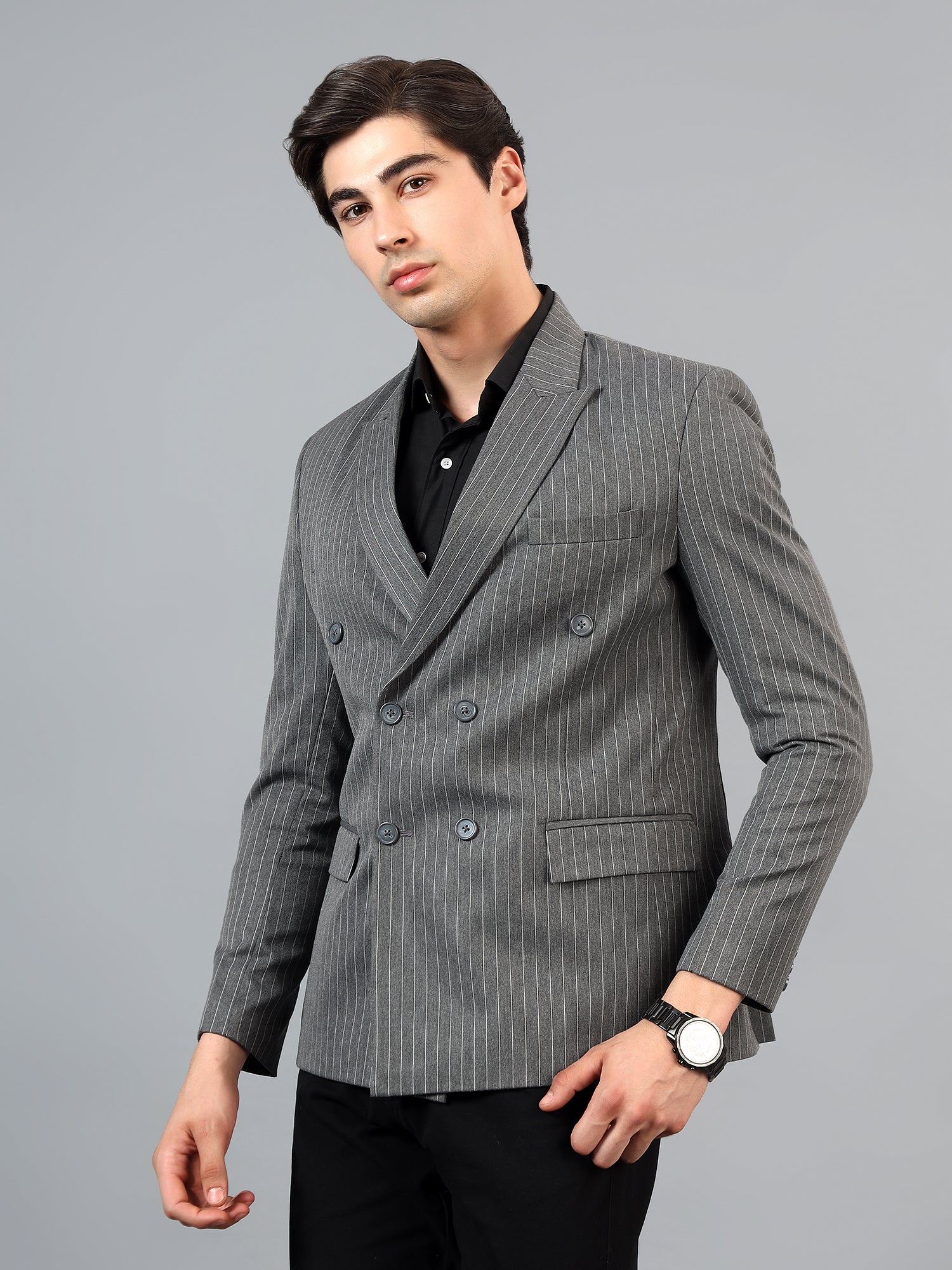 Men's Grey Slim Fit Solid Double Breasted Striped Formal Blazer