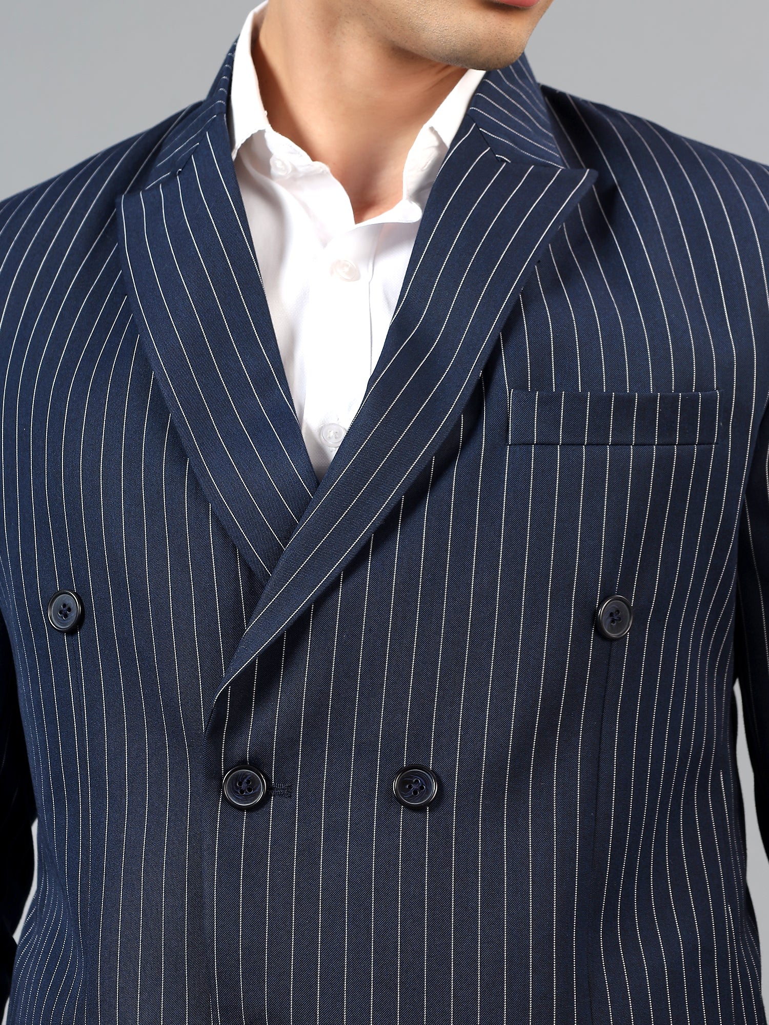 Men's Navy Blue Slim Fit Solid Double Breasted Striped Formal Blazer