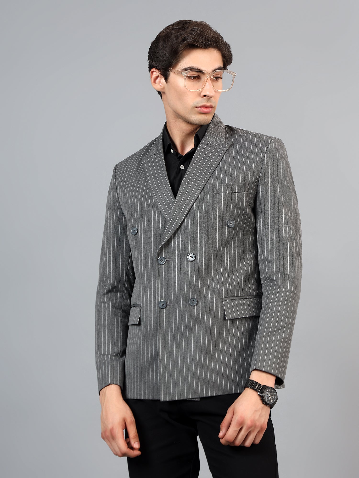 Men's Grey Slim Fit Solid Double Breasted Striped Formal Blazer