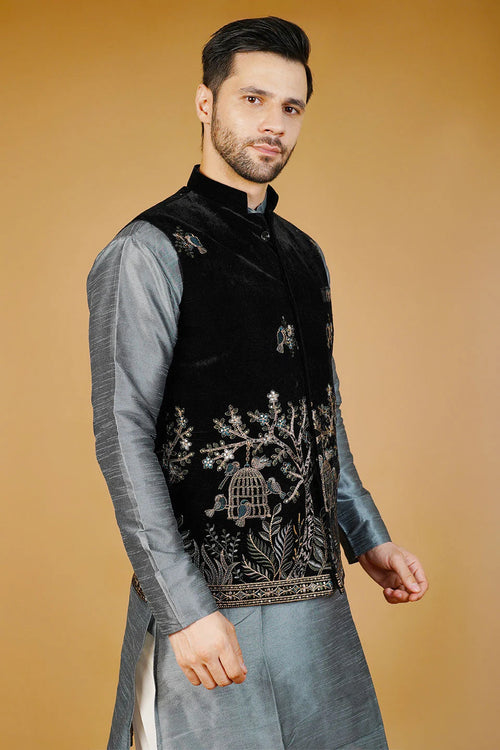 Black Embroided Nehru Jacket For Men