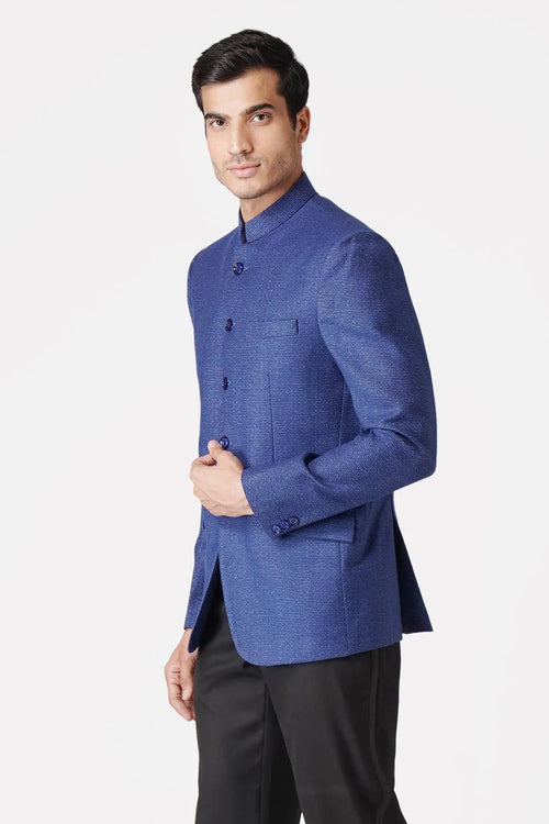 Blue Bandhgala Tweed 5 Button Blazer