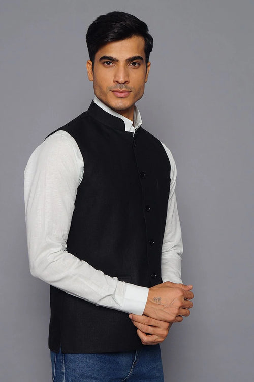 Black Linen Nehru Jacket For Men
